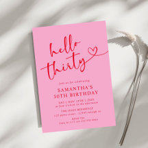 Modern Elegant Pink Red Hello 30th Birthday Party