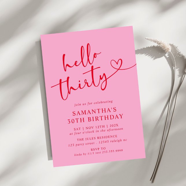 Modern Elegant Pink Red Hello 30th Birthday Party Invitation (Creator Uploaded)