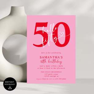 Modern Elegant Pink Red Hello 50th Birthday Party Invitation