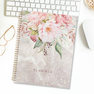 Modern Elegant Pink Rose Peony Floral Marble Planner