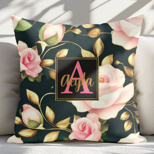 Modern Elegant Pink Roses Gold Leaves Monogram Cushion