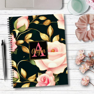 Modern Elegant Pink Roses Gold Leaves Monogram Notebook