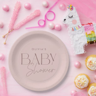 Modern Elegant Pink Script Girl Baby Shower Paper Plate