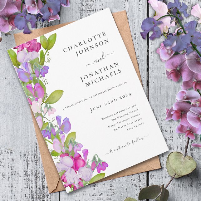 Modern Elegant Pink Summer Floral Wedding Invitation (Modern summer floral purple pink sweetpea wedding invitation )