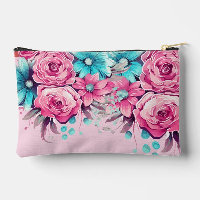 Modern Elegant Pink & Teal Floral Accessory Bag (Back)