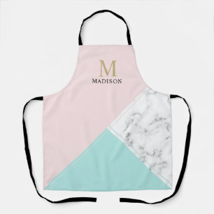 Modern elegant pink turquoise marble monogram apron