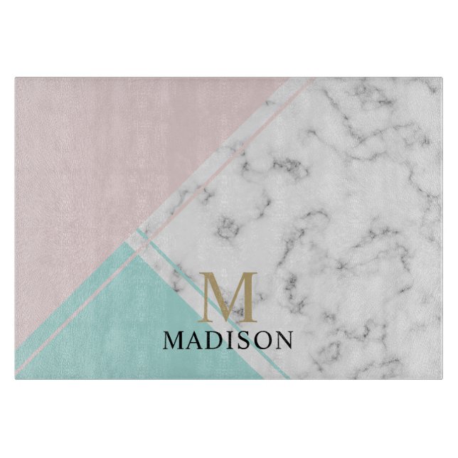 Modern elegant pink turquoise marble monogram cutting board (Front)