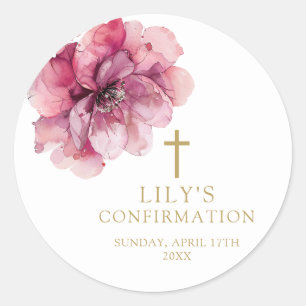 Modern Elegant Pink Watercolor Floral Confirmation Classic Round Sticker