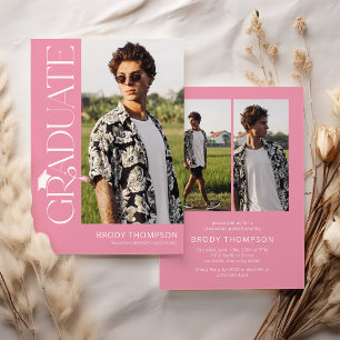 Modern Elegant Pink & White 3 Photo Graduation Invitation