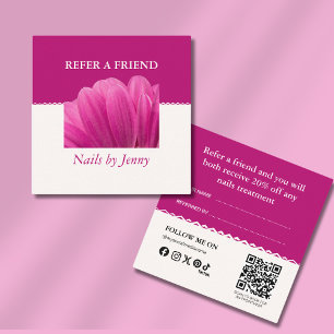 Modern Elegant Pink White Floral Nail Artist Referral Card