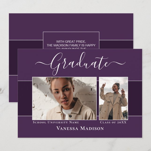 Modern | Elegant Purple 2 Photo Graduation Announcement (Front/Back)