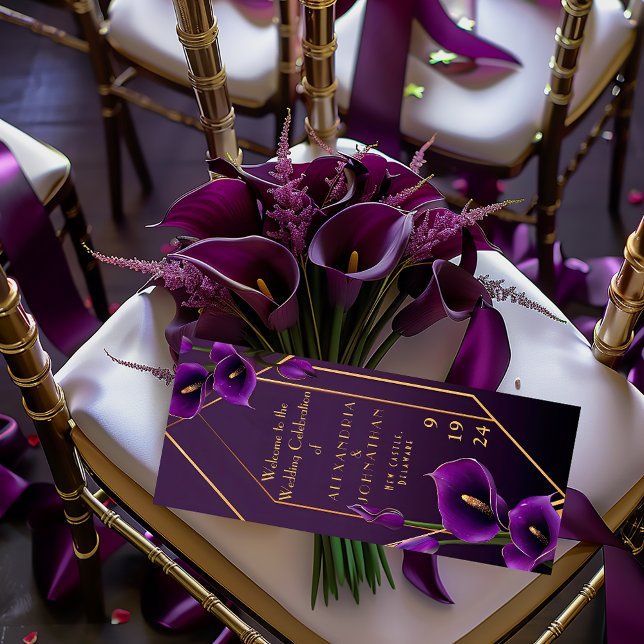 Modern Elegant Purple and Gold Calla Lily Wedding Programme (Beautiful Royal Purple Calla Lily Wedding Program )