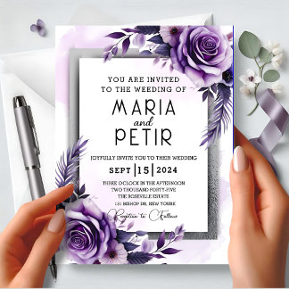 Modern , Elegant Purple and Silver Floral Wedding Invitation