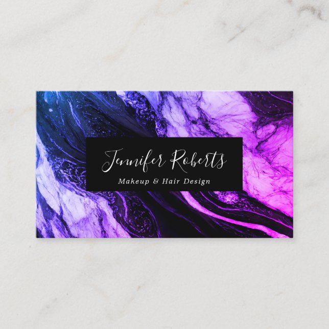 Modern Elegant Purple Black Marble Makeup Artist Business Card (Front)