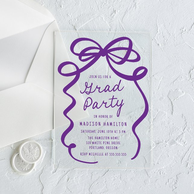 Modern Elegant Purple Bow Graduation Party Acrylic Invitations (Creator Uploaded)