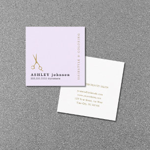 Modern Elegant Purple Faux Gold Scissor Hair Square Business Card