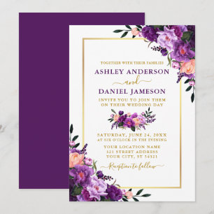 Modern Elegant Purple Floral Gold Wedding Invitation