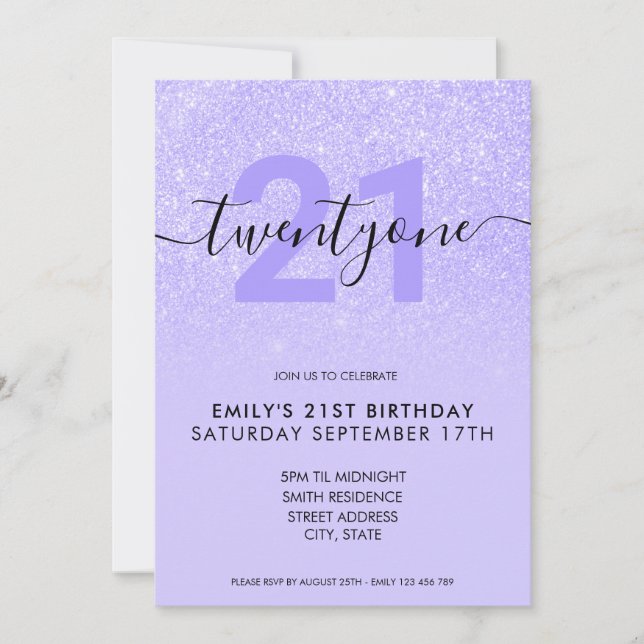 Modern Elegant Purple Glitter 21st Birthday Invitation (Front)