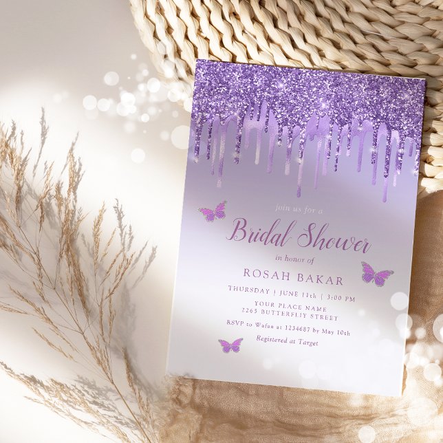 Modern Elegant Purple Glitter Boho Bridal Shower Invitation (Creator Uploaded)