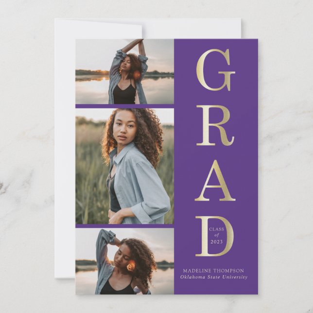 Modern Elegant Purple Gold 3 Photo Graduation Announcement (Front)
