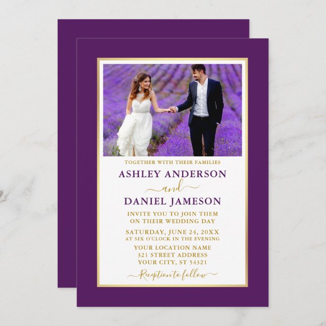 Modern Elegant Purple Gold Wedding Invitation (Front/Back)
