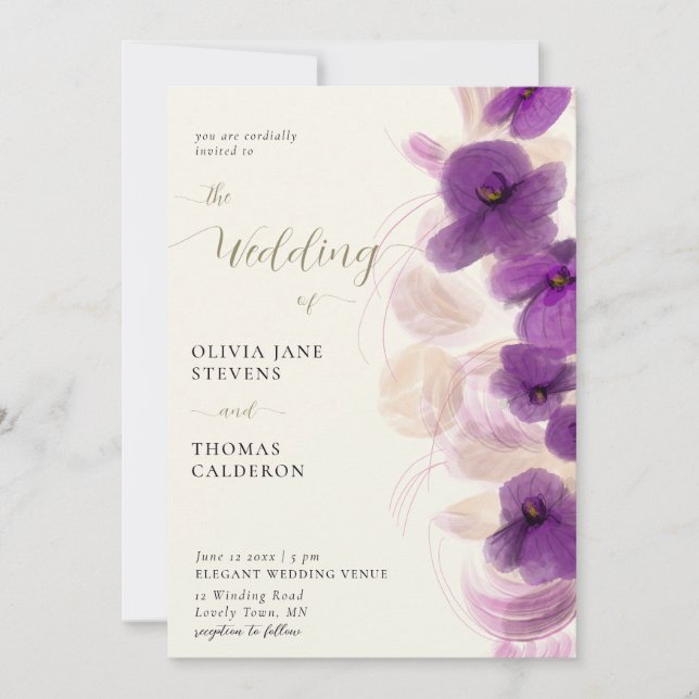 Modern Elegant Purple Orchids Wreath Chic Wedding Invitation (Front)