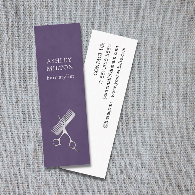 Modern Elegant Purple Scissors Comb Hair Stylist Mini Business Card (Creator Uploaded)