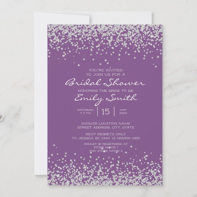 Modern Elegant Purple Silver Glitter Bridal Shower Invitation (Front)