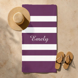 Modern Elegant Purple Stripes Pattern Name Beach Towel