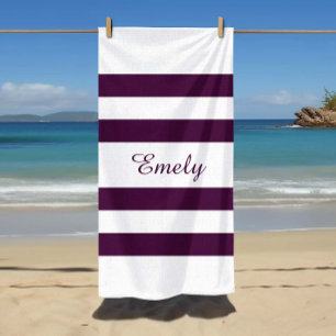 Modern Elegant Purple Stripes Pattern Name Beach Towel