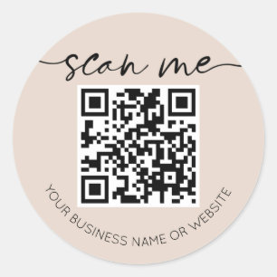 Modern Elegant QR Code Beige Classic Round Sticker