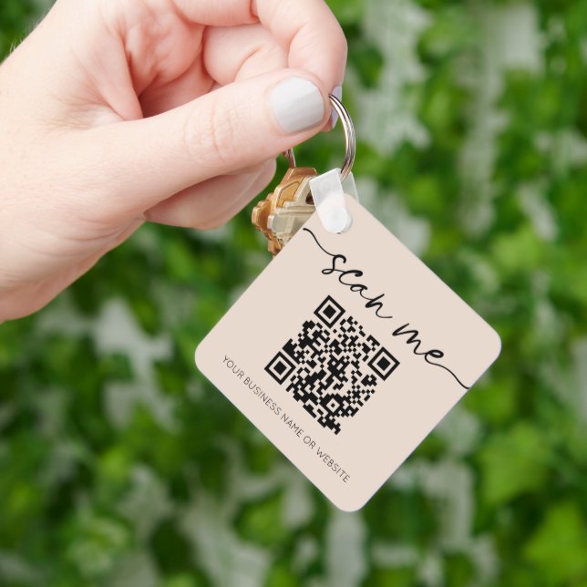 Modern Elegant QR Code Business Beige Keychain (Hand)