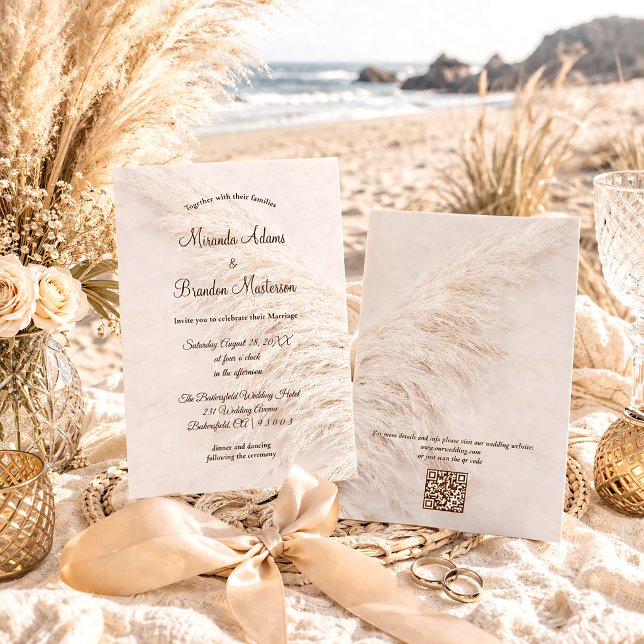Modern Elegant QR Code Pampas Grass Boho Wedding Invitation (Creator Uploaded)