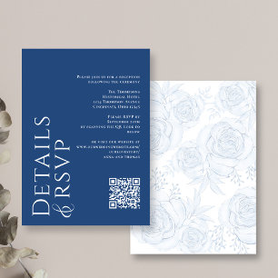 Modern Elegant QR Code RSVP Details Blue Floral Enclosure Card