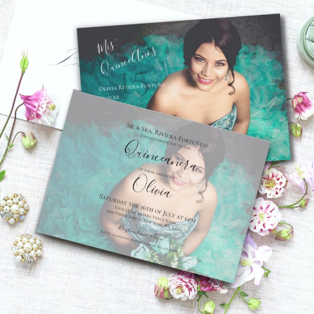 Modern Elegant Quinceanera 15th Birthday Photo Invitation (Front & Back - Modern Elegant Mis Quince Anos | Quinceanera 15th Birthday Landscape Photo Invitation)