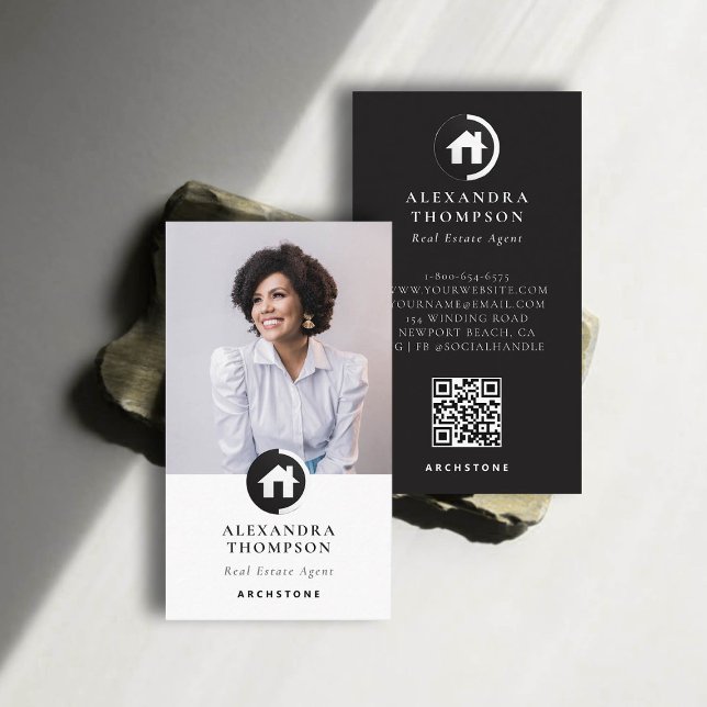 Modern Elegant Real Estate Property Manager Photo Business Card (real estate professional business card photo qr code black white modern elegant)