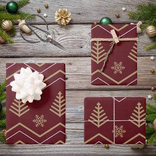 Modern Elegant Red and Gold Christmas Tree Pattern Wrapping Paper Sheet
