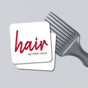 Modern Elegant Red Blue White Hair Stylist Square Business Card