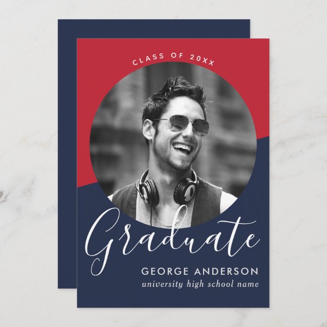 Modern Elegant Red Blue White | Photo Graduation Invitation (Front/Back)