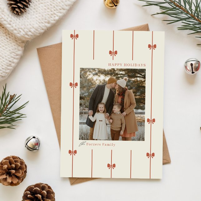 Modern Elegant Red Bow Family Kids Photo Christmas Holiday Card (Creator Uploaded)
