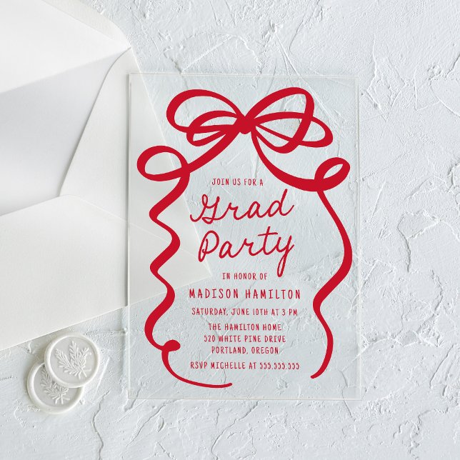 Modern Elegant Red Bow Graduation Party Acrylic Invitations (Creator Uploaded)