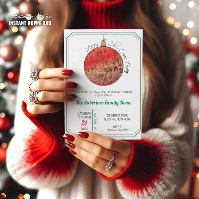 Modern Elegant Red Christmas Doodle Ornament  Invitation (Creator Uploaded)