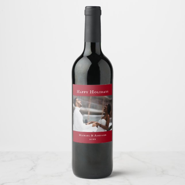 Modern Elegant Red Christmas Holiday Family Photo Wine Label (Front)