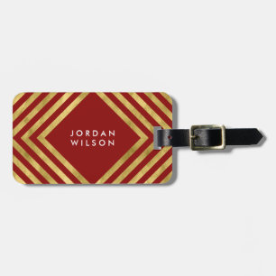 Modern Elegant Red Faux Gold Geometric Lines Luggage Tag