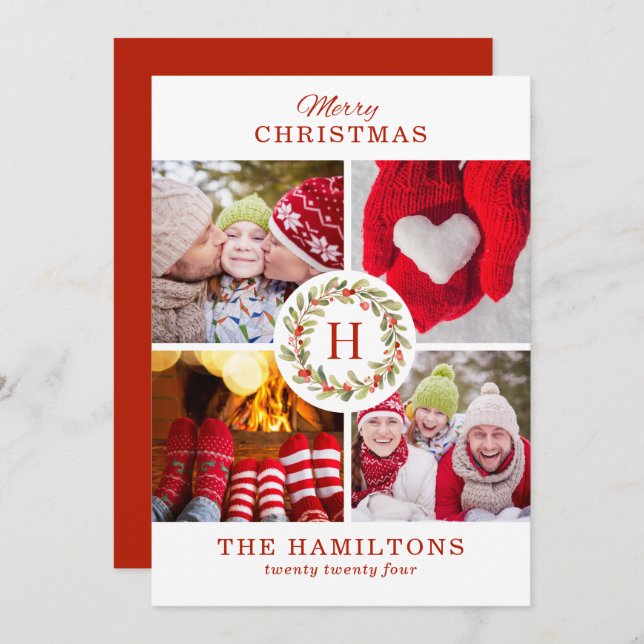 Modern Elegant Red Five Photo Christmas Collage Holiday Card (Front/Back)