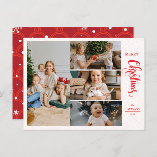 Modern Elegant Red Five Photo Collage Christmas Holiday Postcard