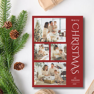 Modern Elegant Red Four Photo Collage Christmas  Holiday Card