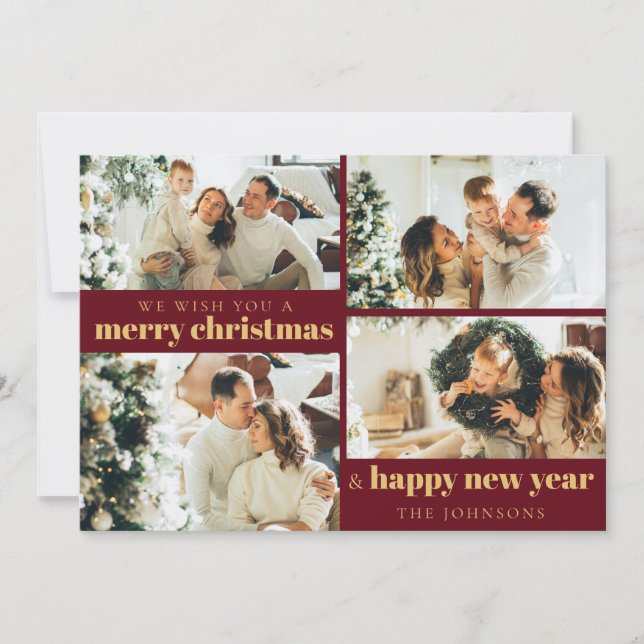 Modern Elegant Red Gold 4 Photo Christmas Holiday Card (Front)