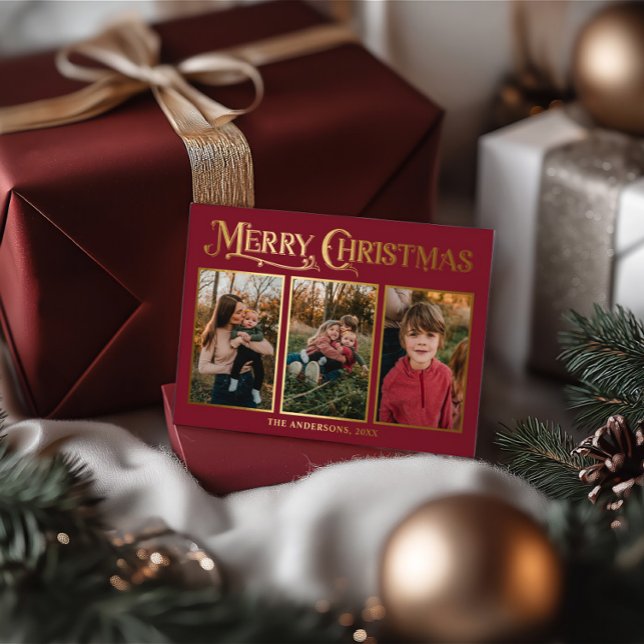 Modern Elegant Red & Gold Christmas 3 Photos (Modern Elegant Red & Gold Christmas 3 Photos Foil Holiday Card)