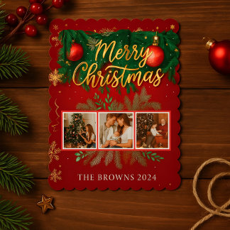 Modern Elegant Red Gold Christmas Family Photo Holiday Card